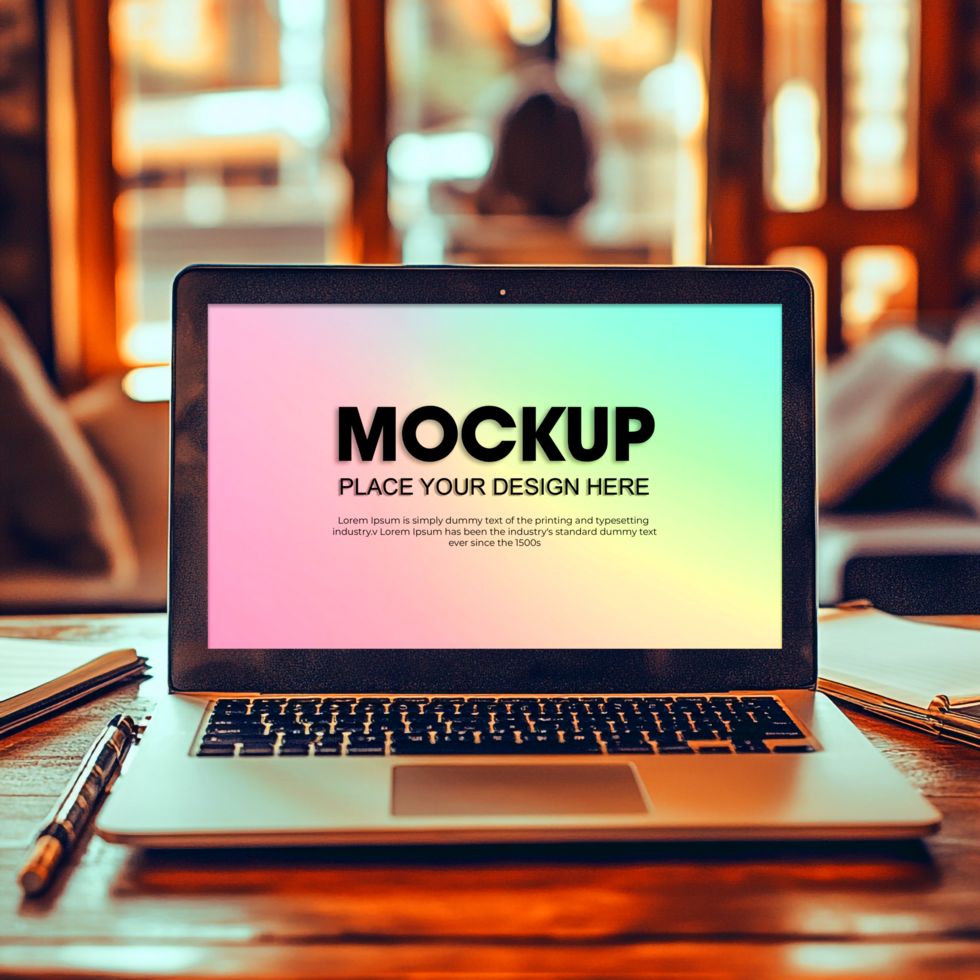Laptop Mockup Pastel Rainbow Screen on Wooden Desk psd