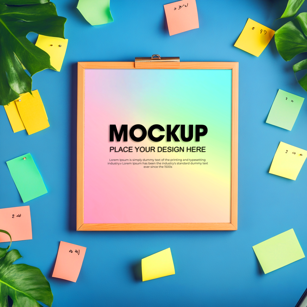 Flat Lay Mockup Colorful Sticky Notes Plants Wooden Frame psd