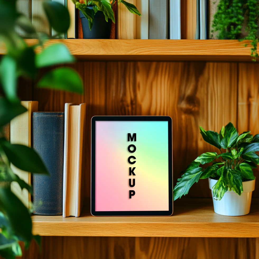 Tablet Mockup on Wooden Shelf with Books and Plants psd