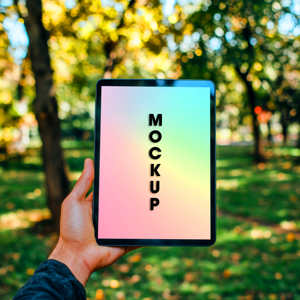 Tablet Mockup Autumn Park Background Technology Device Display psd