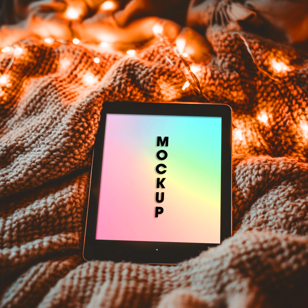 Cozy Tablet Mockup Warm Knit Texture Fairy Lights psd