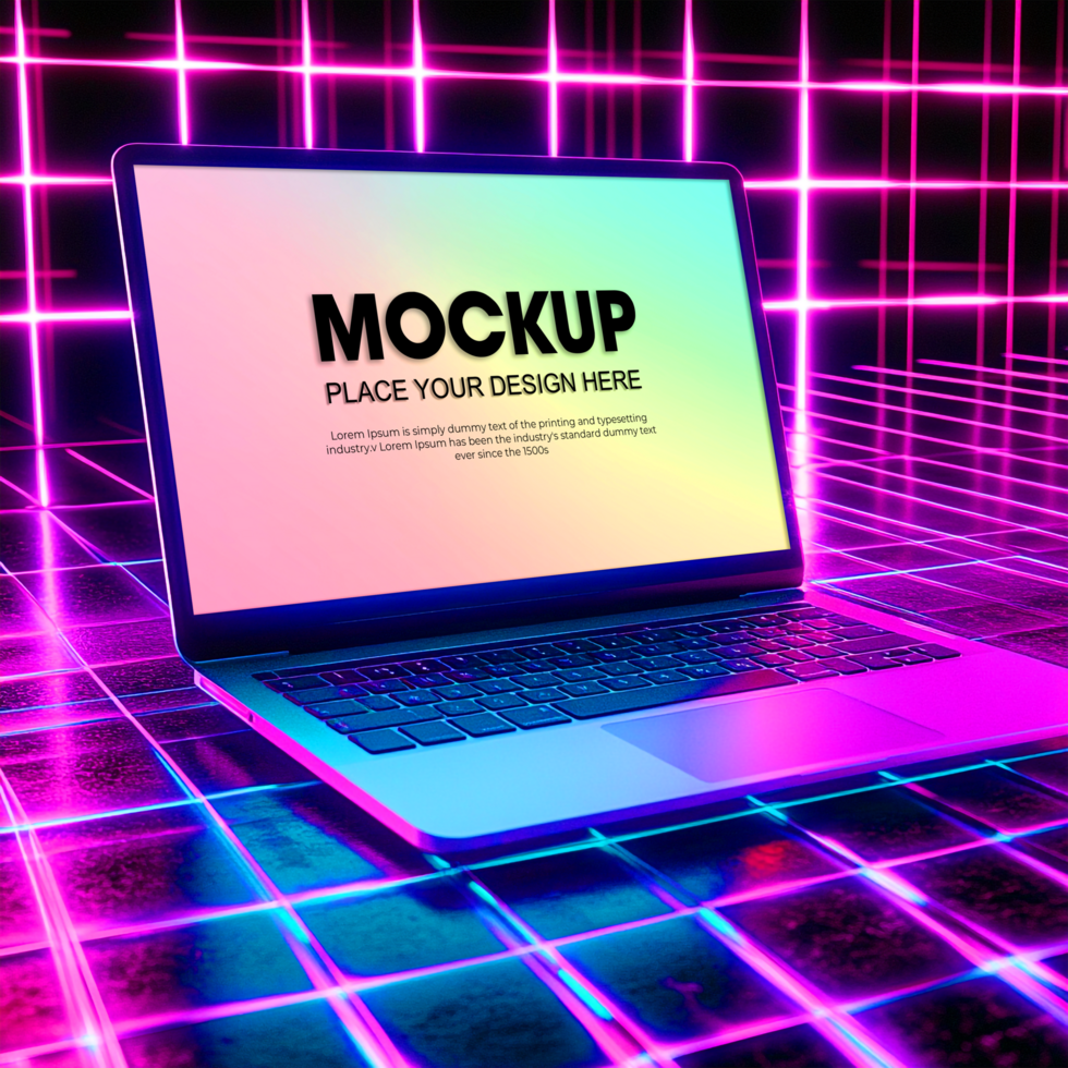 Laptop Mockup Retro 80s Synthwave Background psd