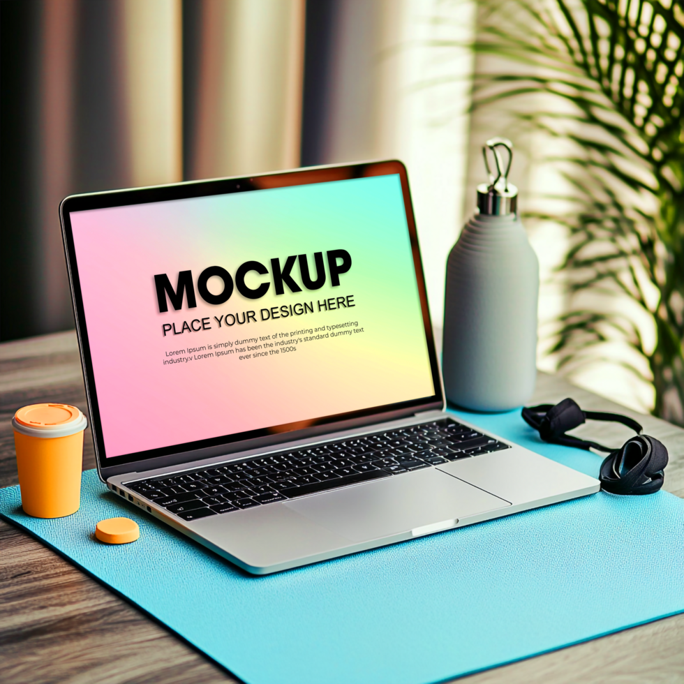 Laptop Mockup Modern Workspace Gradient Background psd