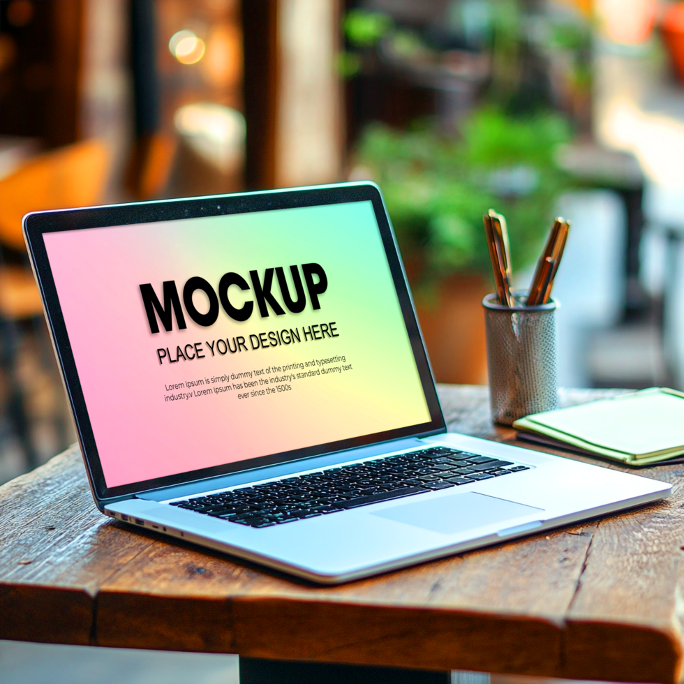 Laptop Mockup Gradient Screen on Wooden Table psd