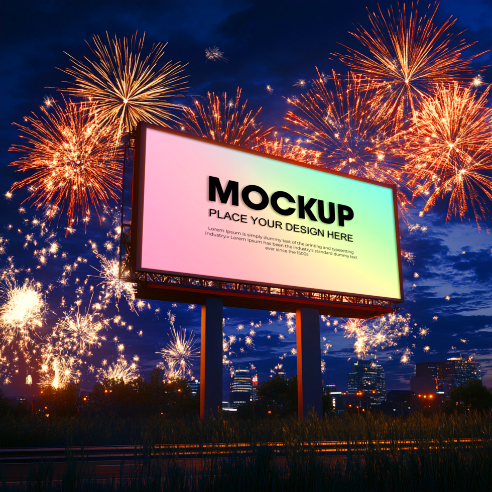 Billboard Mockup Fireworks Night Cityscape Advertisement psd