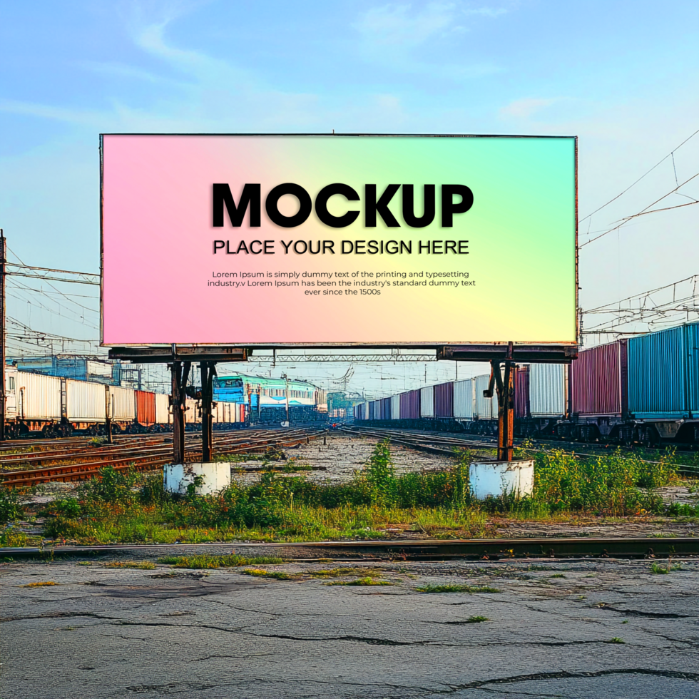 Billboard Mockup Vibrant Gradient Ad on Industrial Rail Tracks psd