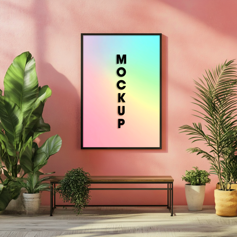 Modern Pink Room Mockup with Plants and Framed Poster psd