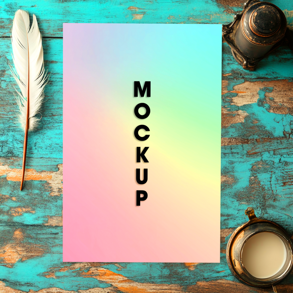 Pastel Rainbow Mockup Colorful Gradient Stationery Design Template on Rustic Wooden Background psd