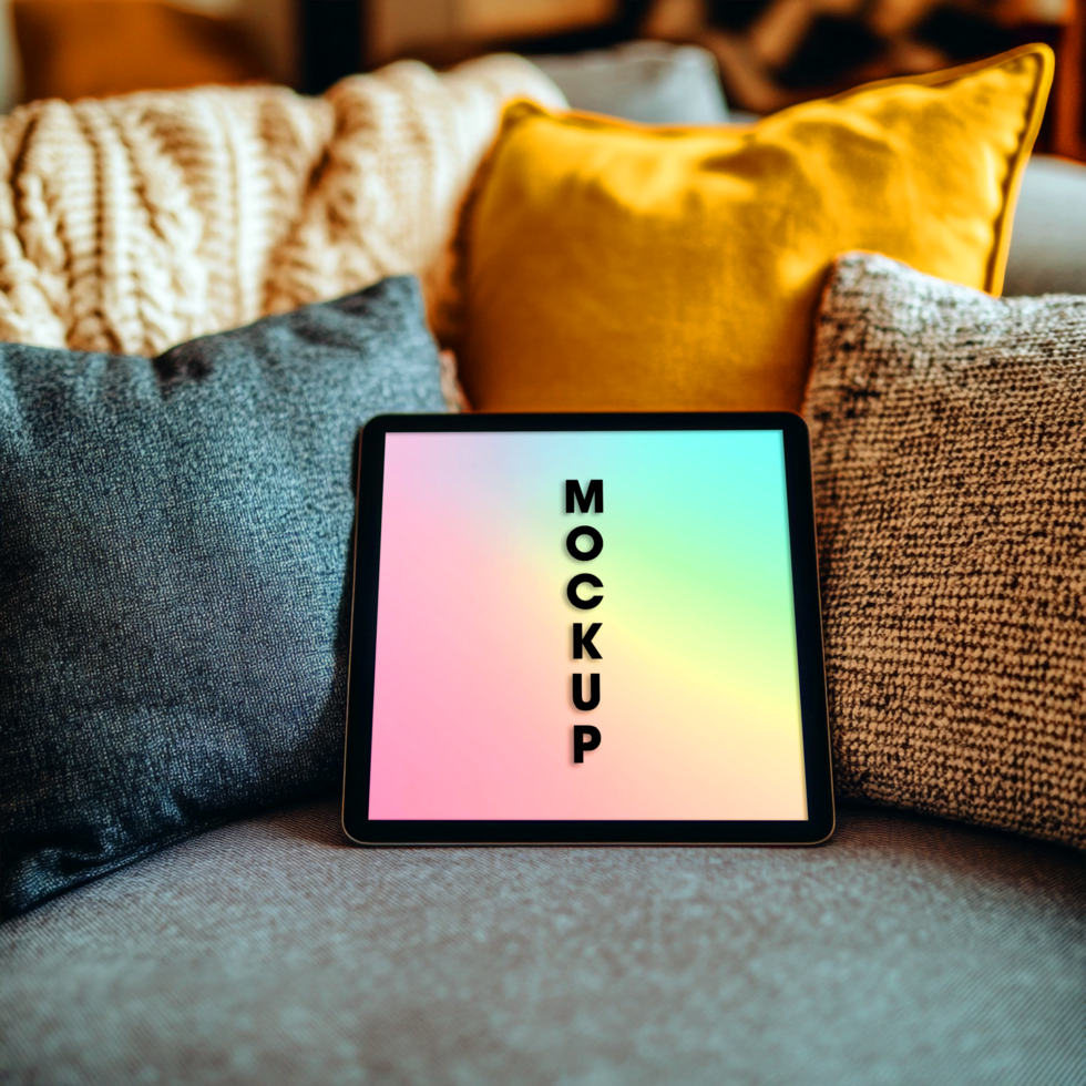 Tablet Mockup on Cozy Sofa with Colorful Pillows psd