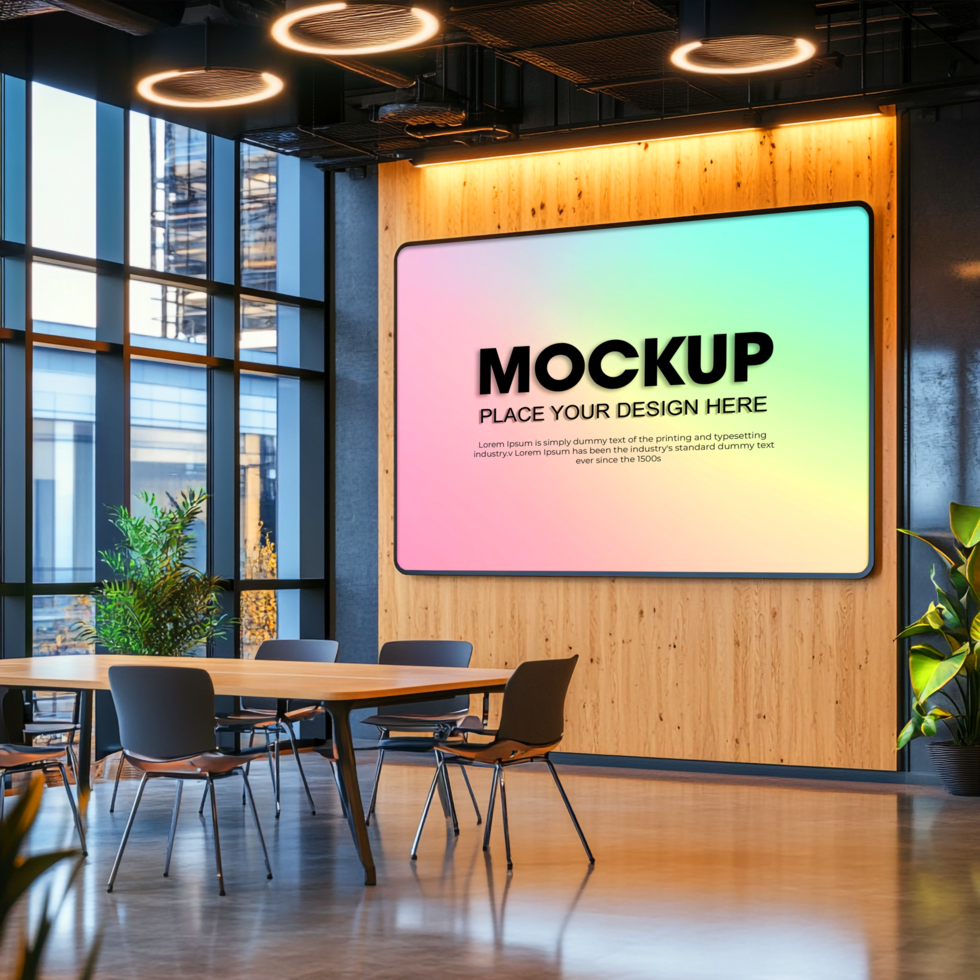 Modern Office Mockup Large Digital Screen Display in Contemporary Workspace psd
