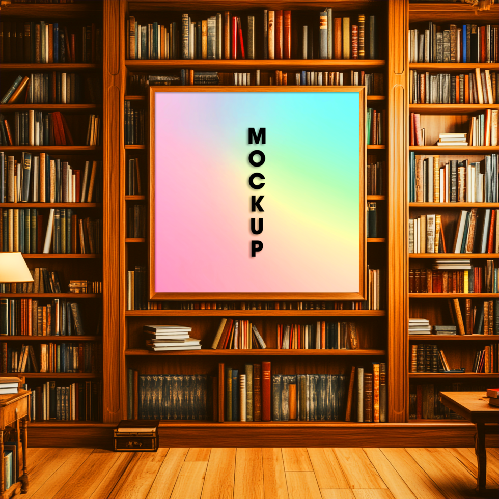 Elegant Bookcase Mockup Square Frame in a Classic Library Setting psd