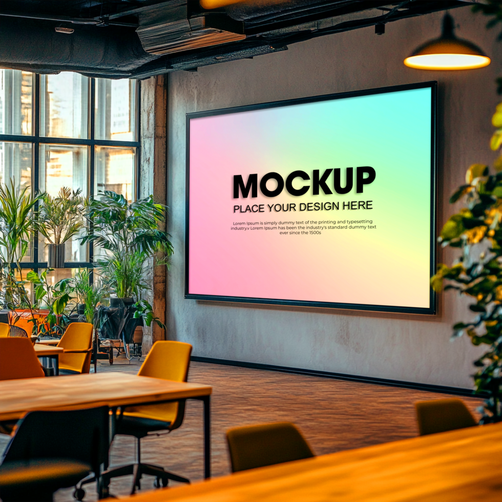 Modern Office Mockup Large Screen Display in Stylish Workspace psd