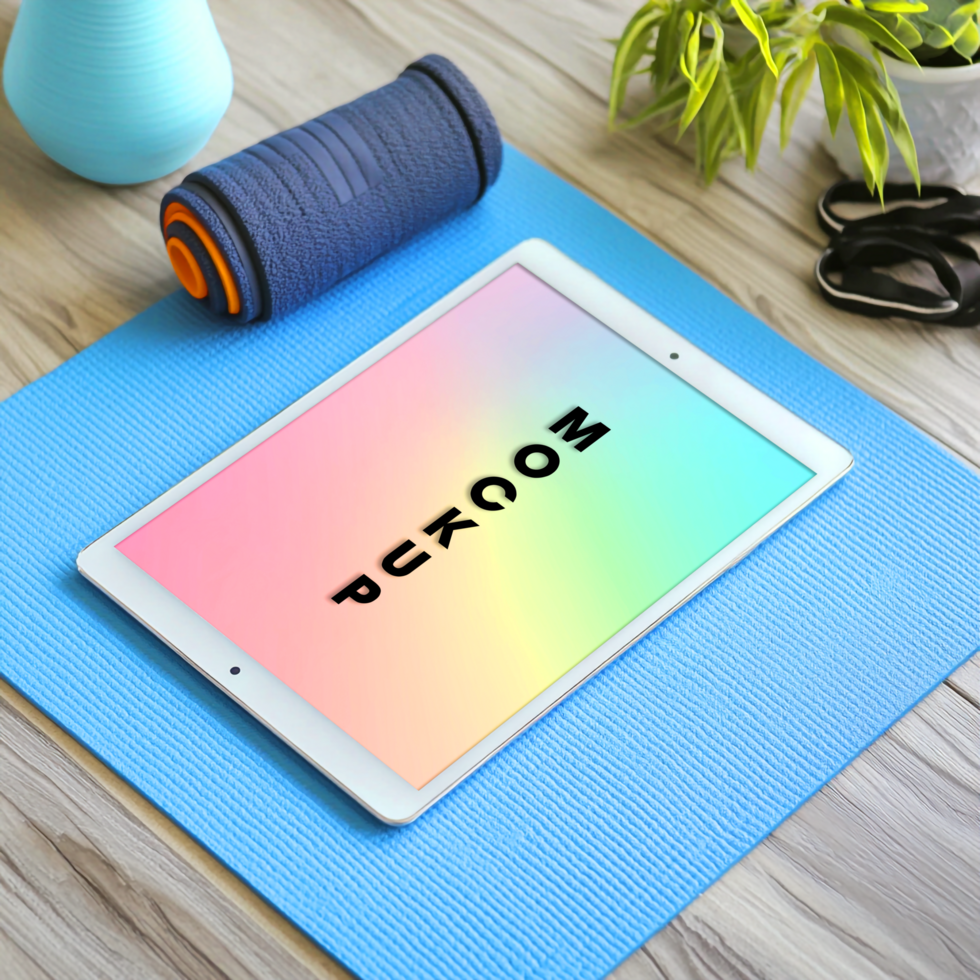 Pastel Rainbow Tablet Mockup on Yoga Mat Perfect for Fitness App Promotion psd