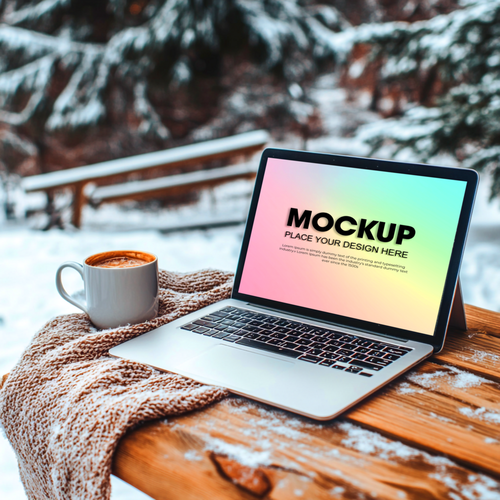 Winter Laptop Mockup Snow Scene Background for Website Design psd