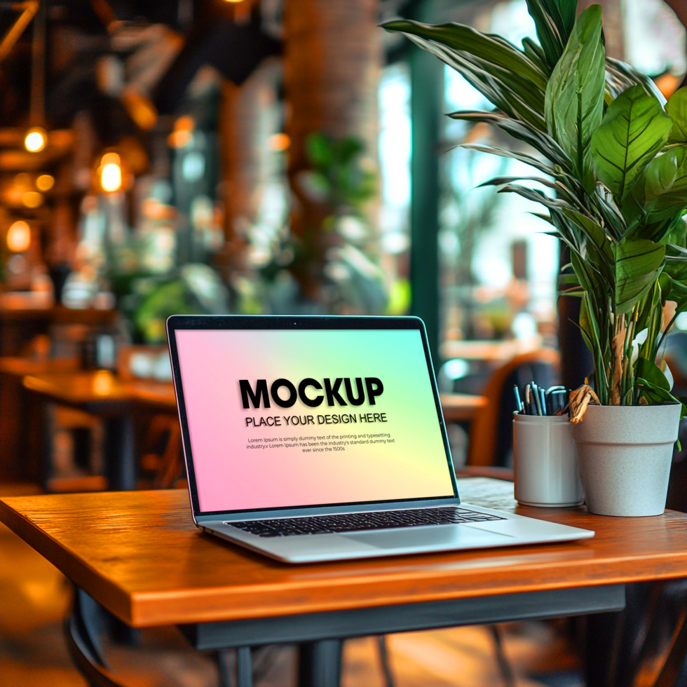Laptop Mockup in a Cozy Cafe Setting psd