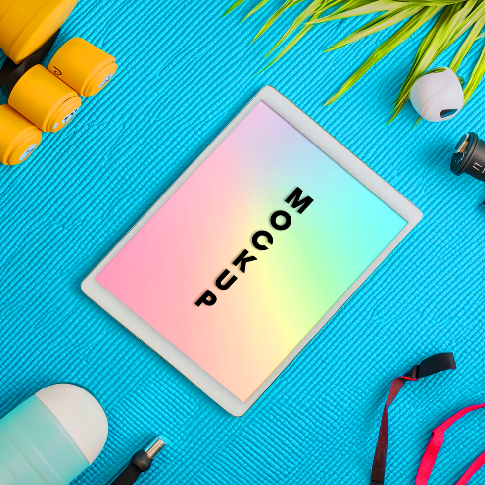 Fitness App Mockup Tablet Design Template on Blue Mat psd