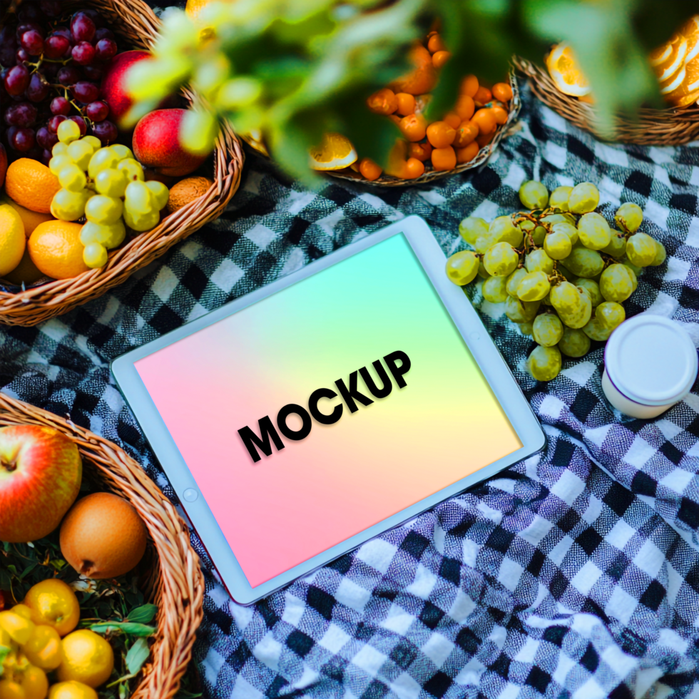 Tablet Mockup Summer Picnic with Fresh Fruit psd