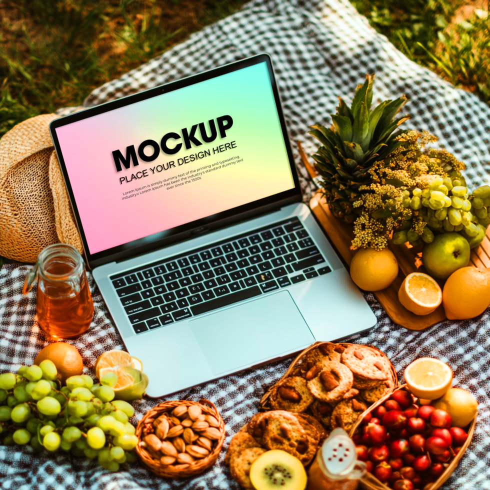 Laptop Mockup Summer Picnic with Fruit Snacks psd