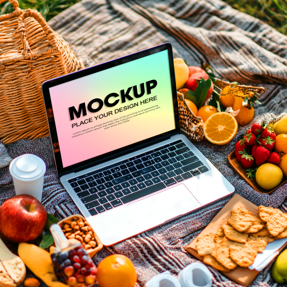 Laptop Mockup Summer Picnic with Fresh Fruit and Snacks psd