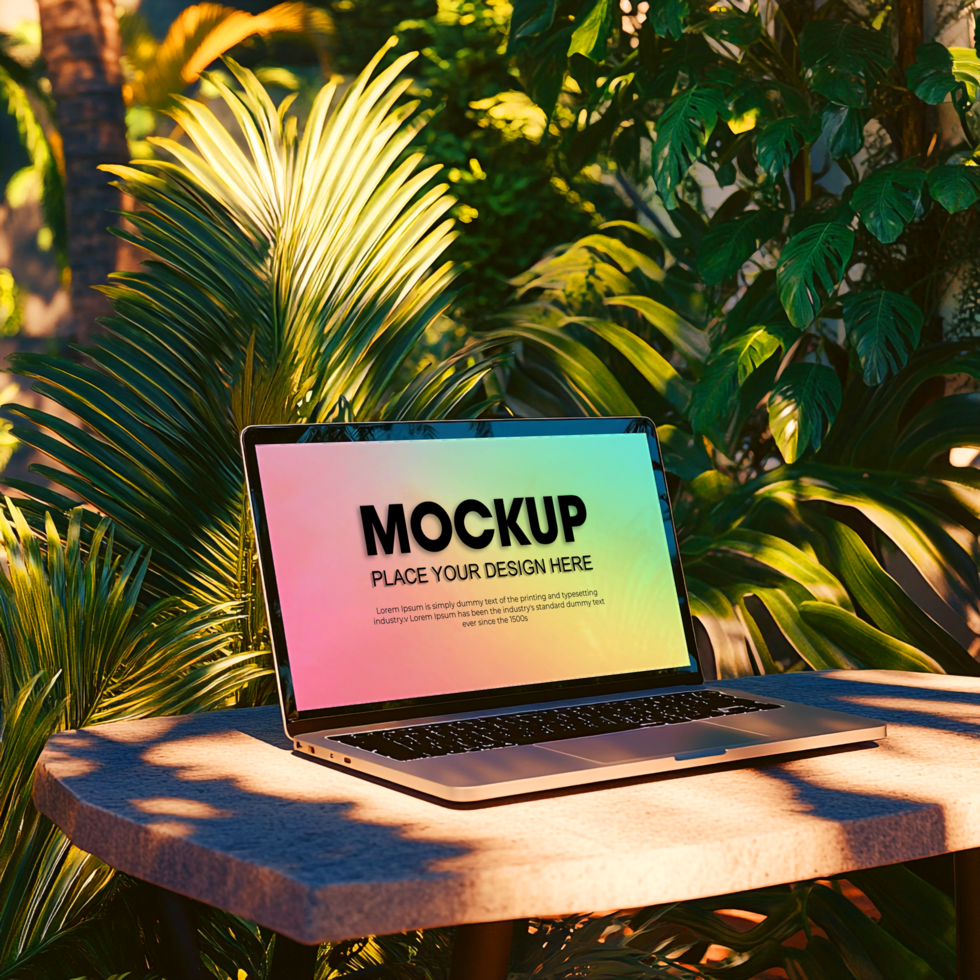 Laptop Mockup Tropical Garden Setting psd