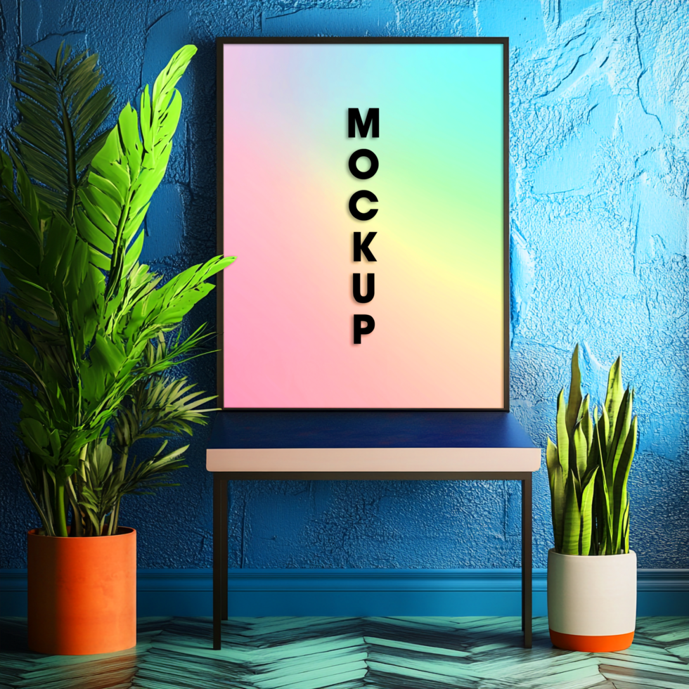 Poster Mockup Colorful Gradient Frame on Blue Wall psd