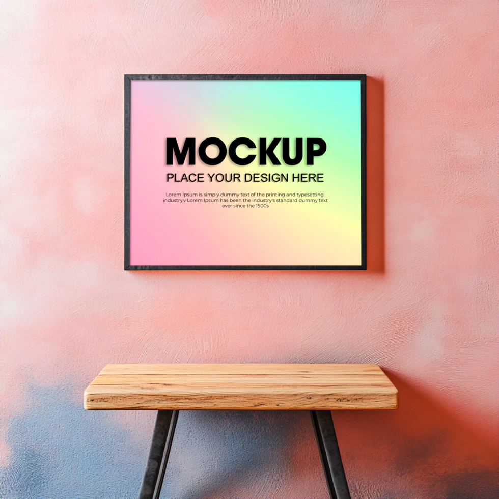 Modern Frame Mockup on Pink Wall with Wooden Table psd
