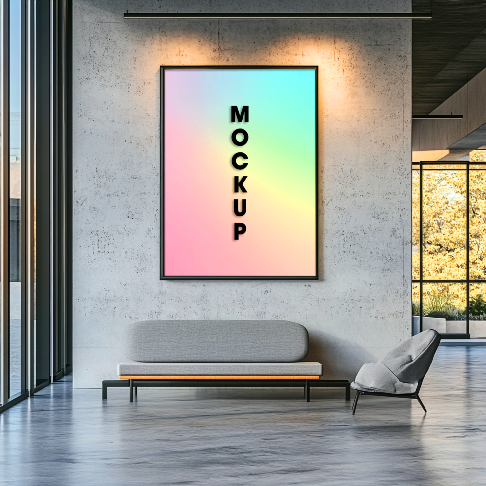 Modern Office Lobby Poster Mockup Interior Design Vertical Frame Gradient Background psd