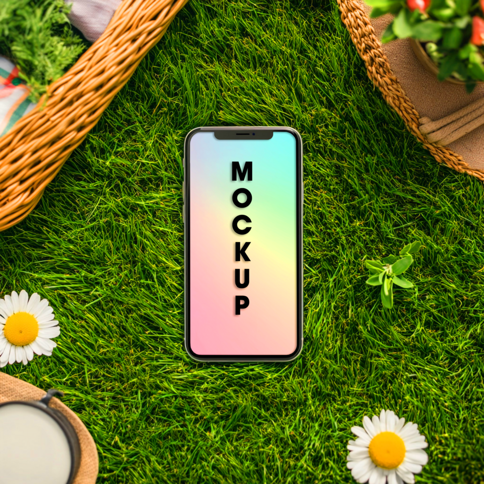 Phone Mockup on Grass with Summer Picnic Items psd