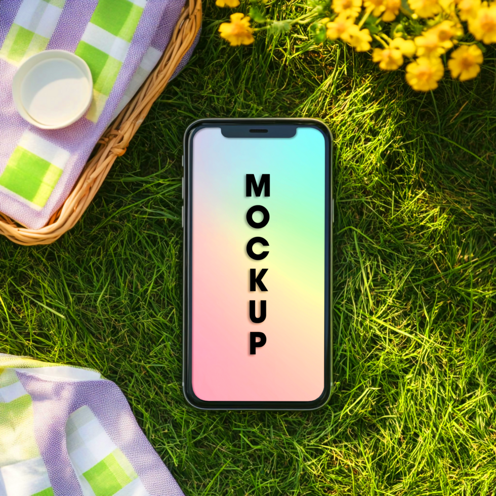 Phone Mockup Spring Picnic on Grass Background psd