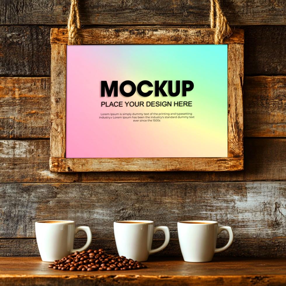 Rustic Wooden Frame Mockup with Coffee psd