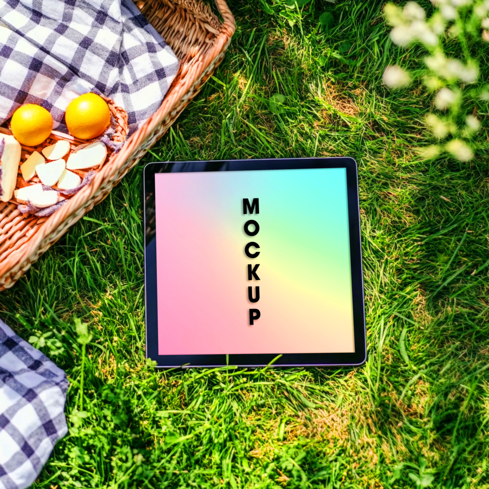 Summer Picnic Mockup Tablet on Grass Background psd