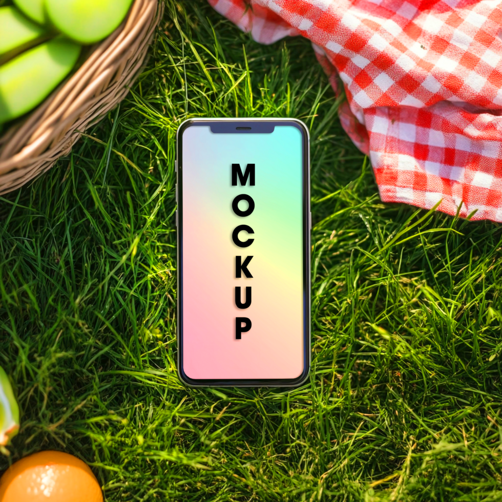 Phone Mockup Summer Picnic on Green Grass with Fresh Fruits psd