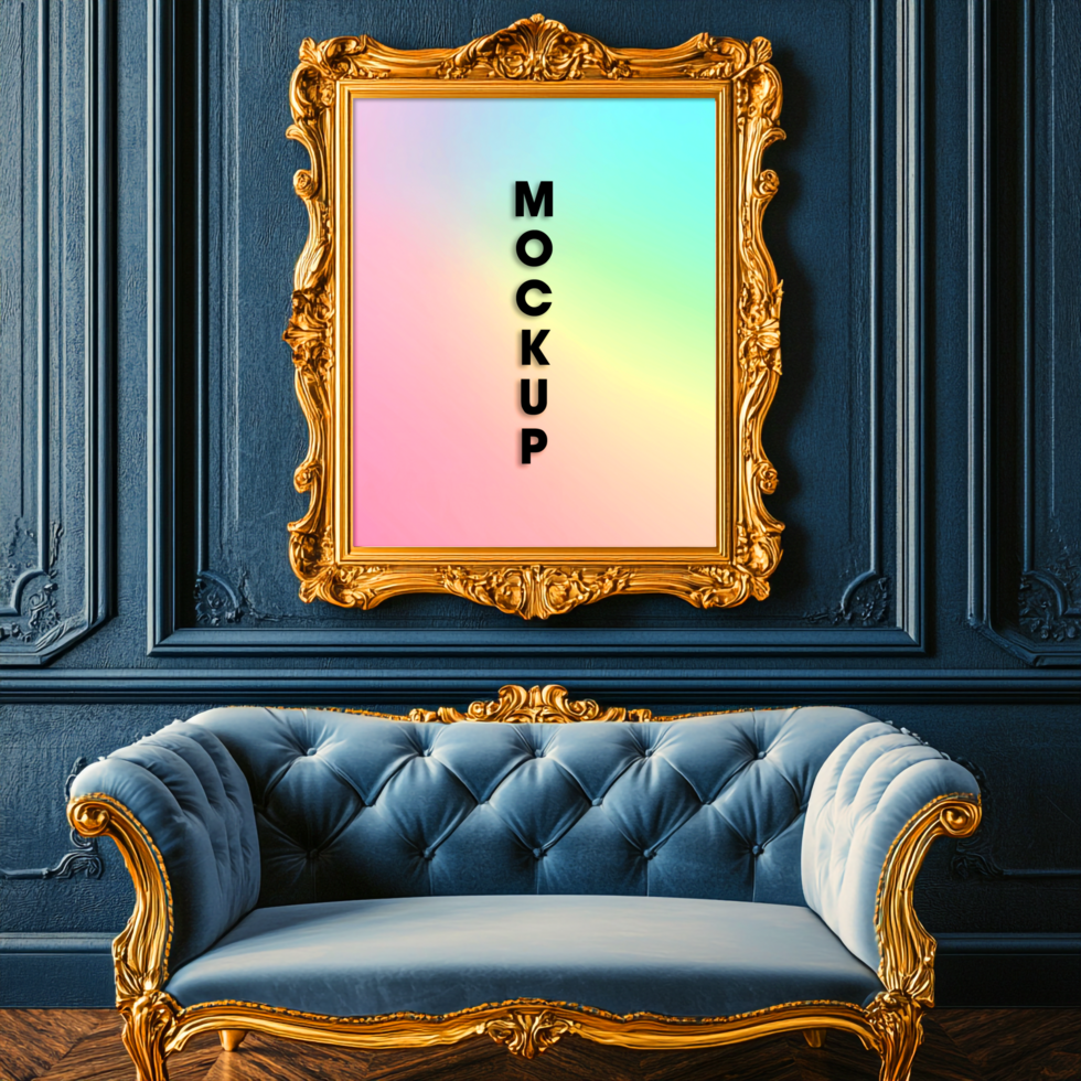 Gold Frame Mockup Elegant Picture Frame Velvet Sofa psd