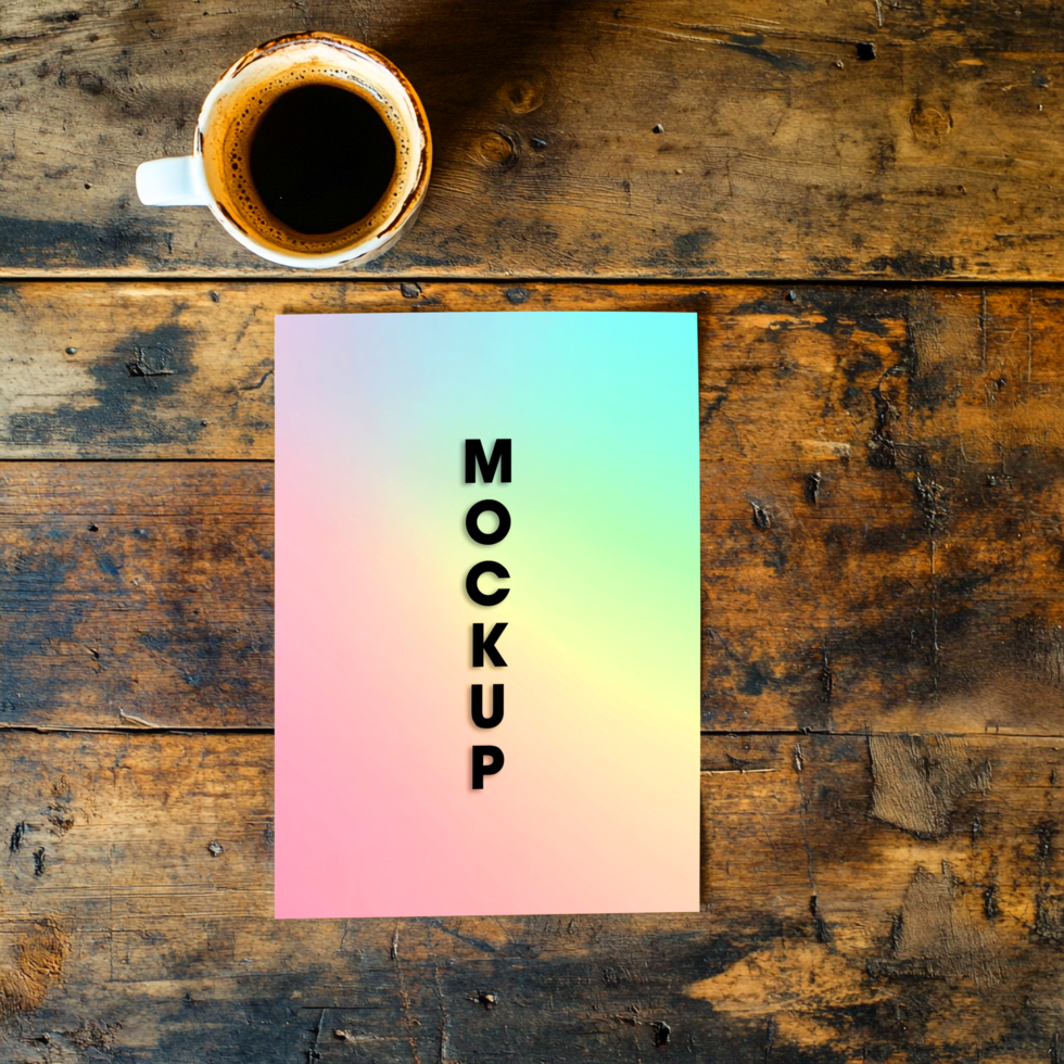 Pastel Rainbow Mockup Gradient Design Template on Rustic Wooden Table psd