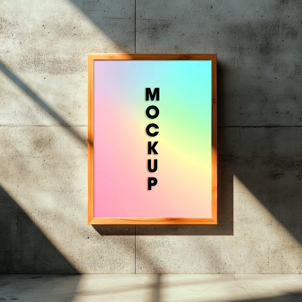 Wooden Frame Mockup Pastel Rainbow Gradient Poster Design Concrete Wall Background Sunlight Shadow psd