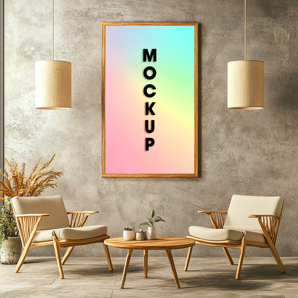 Modern Interior Design Mockup Wooden Frame Pastel Gradient Living Room Scene psd