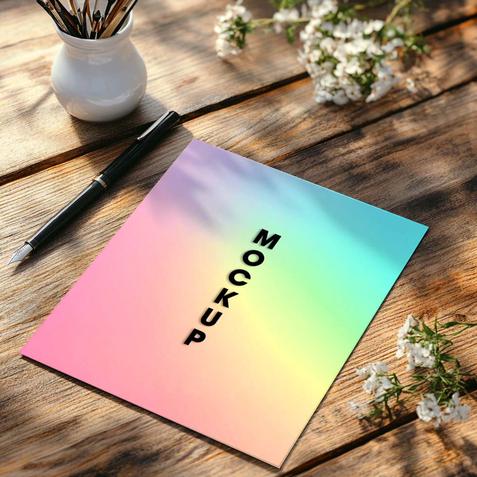 Pastel Rainbow Mockup Gradient Paper on Rustic Wooden Table psd