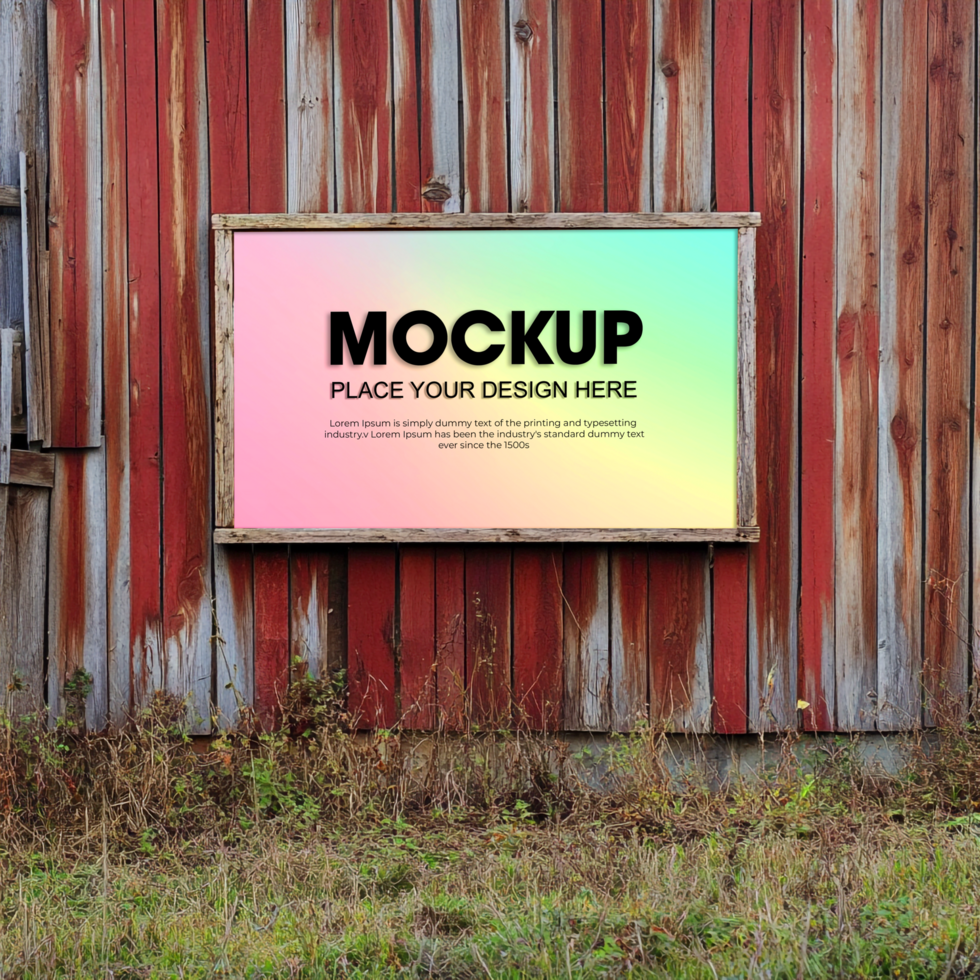 Rustic Barn Wood Mockup Rectangular Sign on Weathered Red Siding psd