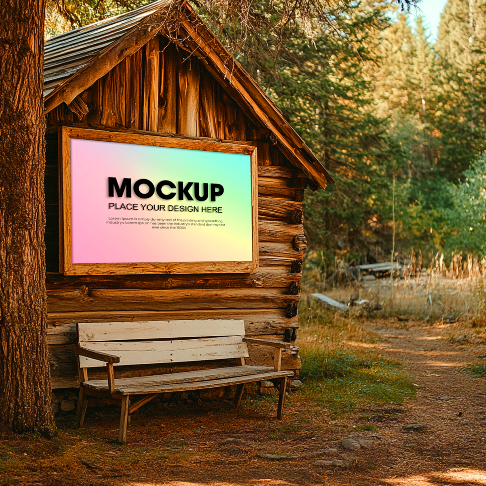 Rustic Wooden Cabin Mockup Nature Fall Advertising psd