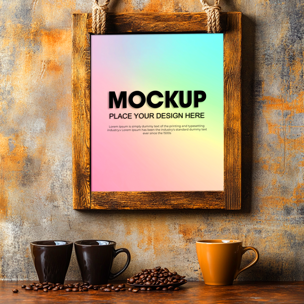 Rustic Wooden Frame Mockup with Coffee Beans and Cups psd