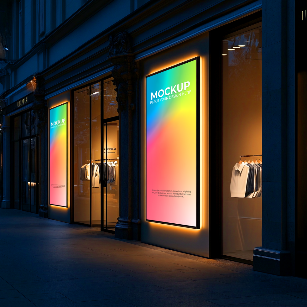 Vibrant Storefront Signage at Night, Digital Displays and Retail Design Mockup Template psd