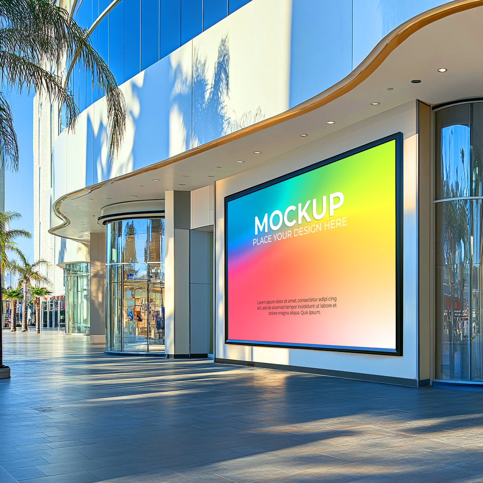 Modern Building Exterior Mockup, Rainbow Gradient Billboard Display Mockup Template psd