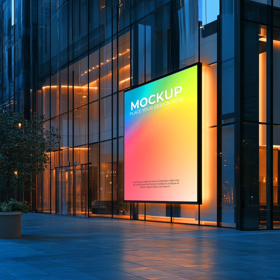 Modern Building Exterior with Illuminated Digital Signage Mockup Template psd