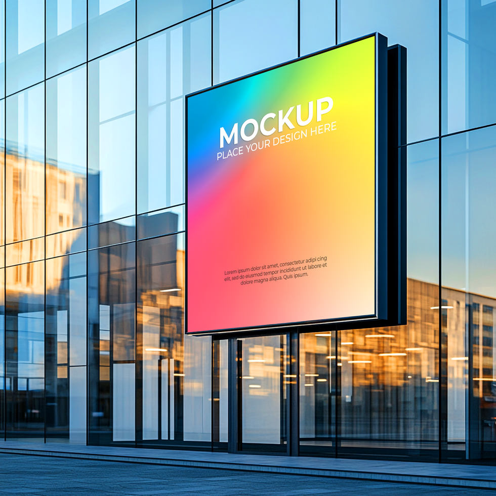 Modern Building Signage Mockup, Colorful LED Billboard Design Mockup Template psd