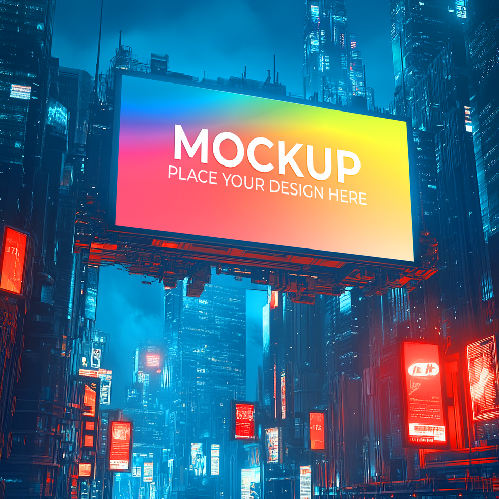 Cyberpunk City Billboard Mockup, Futuristic Digital Signage Template Mockup Template psd