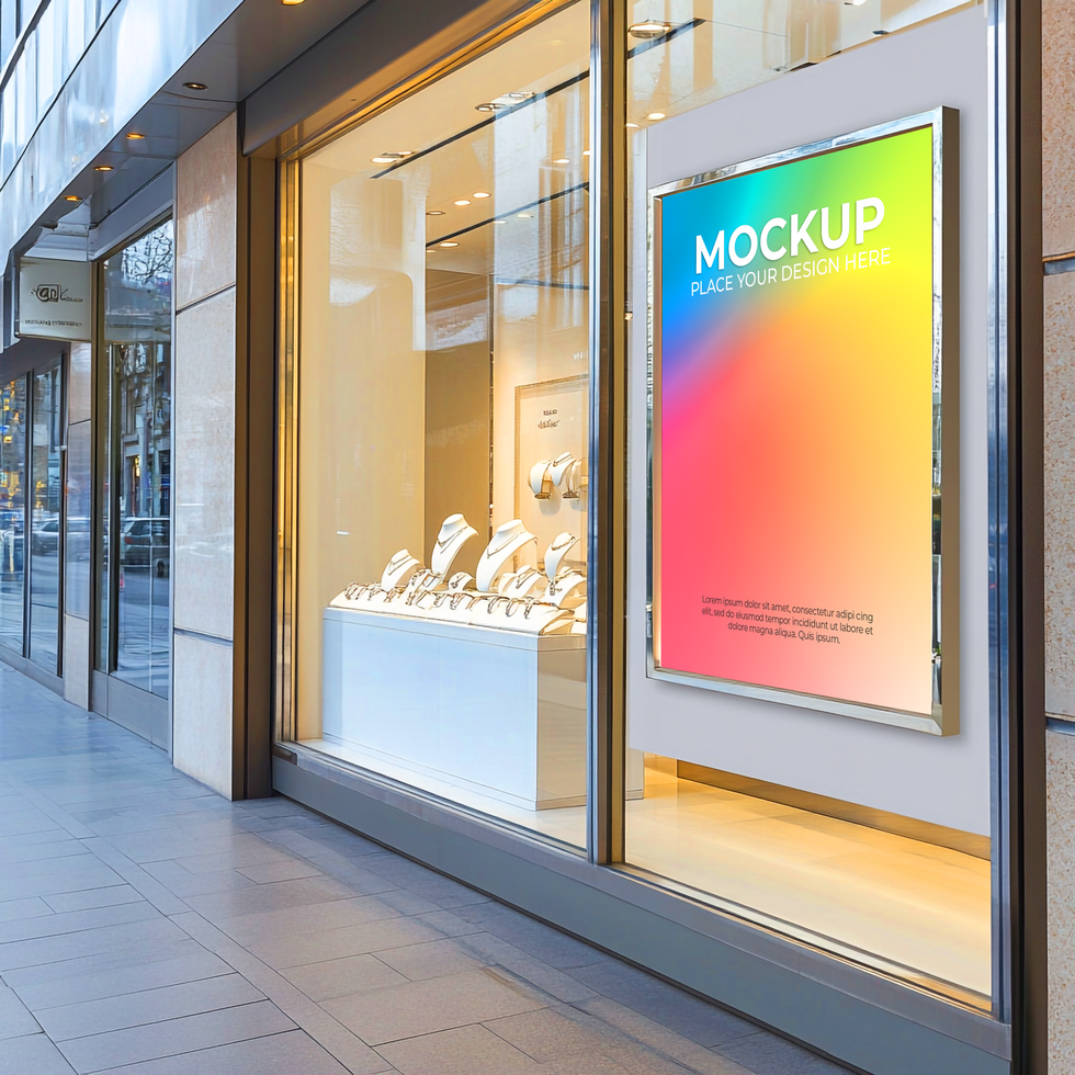 Modern Storefront Mockup, Colorful Poster in Jewelry Store Window Display Mockup Template psd