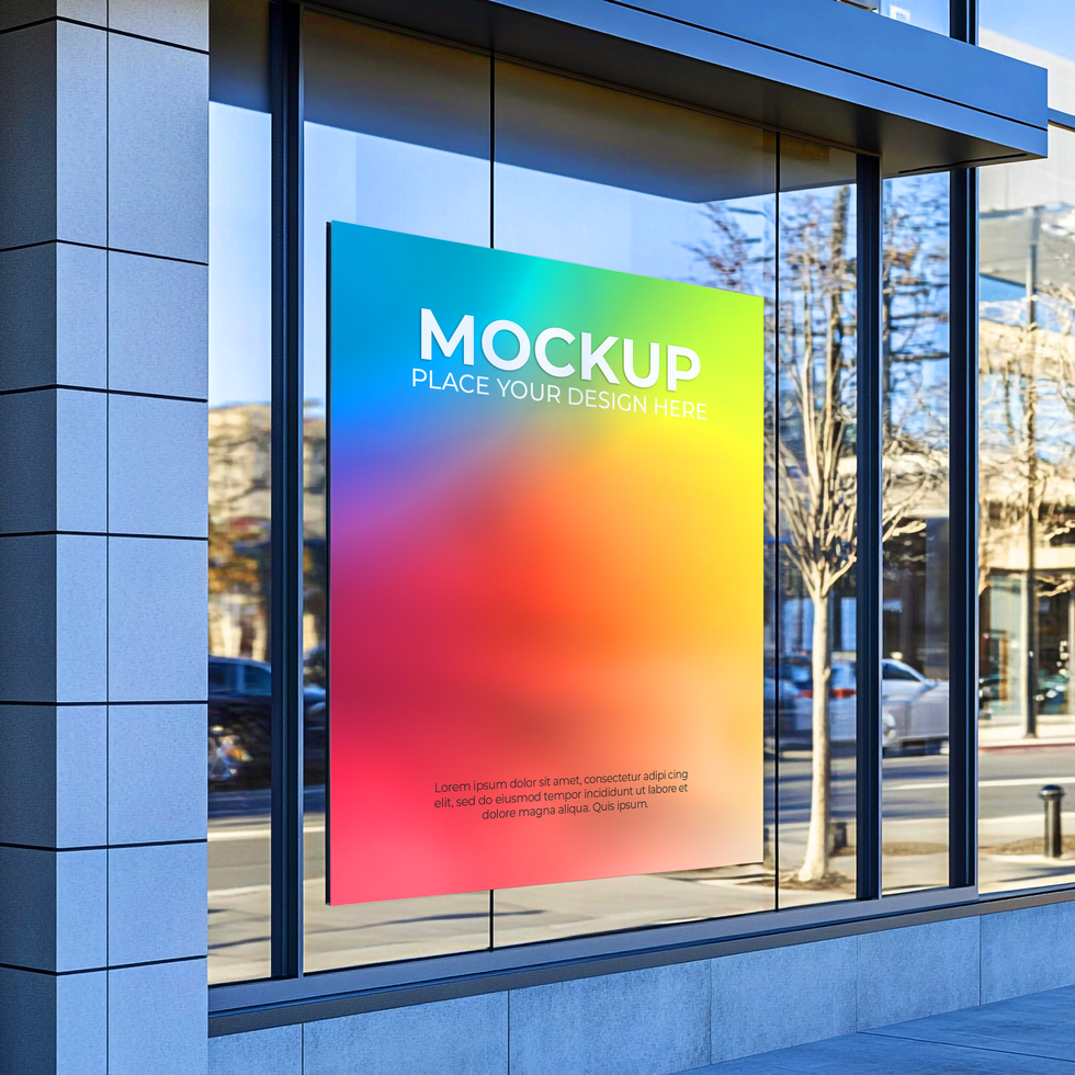 Vibrant Rainbow Poster Mockup in Modern Building Window Mockup Template psd
