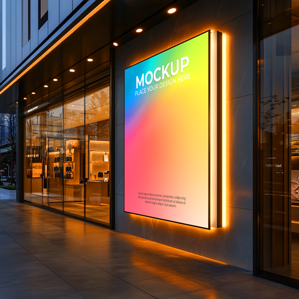 Bright LED Signage on Modern Building at Night Mockup Template psd
