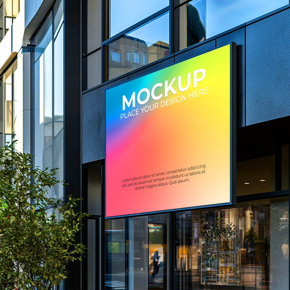 Modern Building Exterior Mockup, Colorful Lightbox Sign Design Template Mockup Template psd
