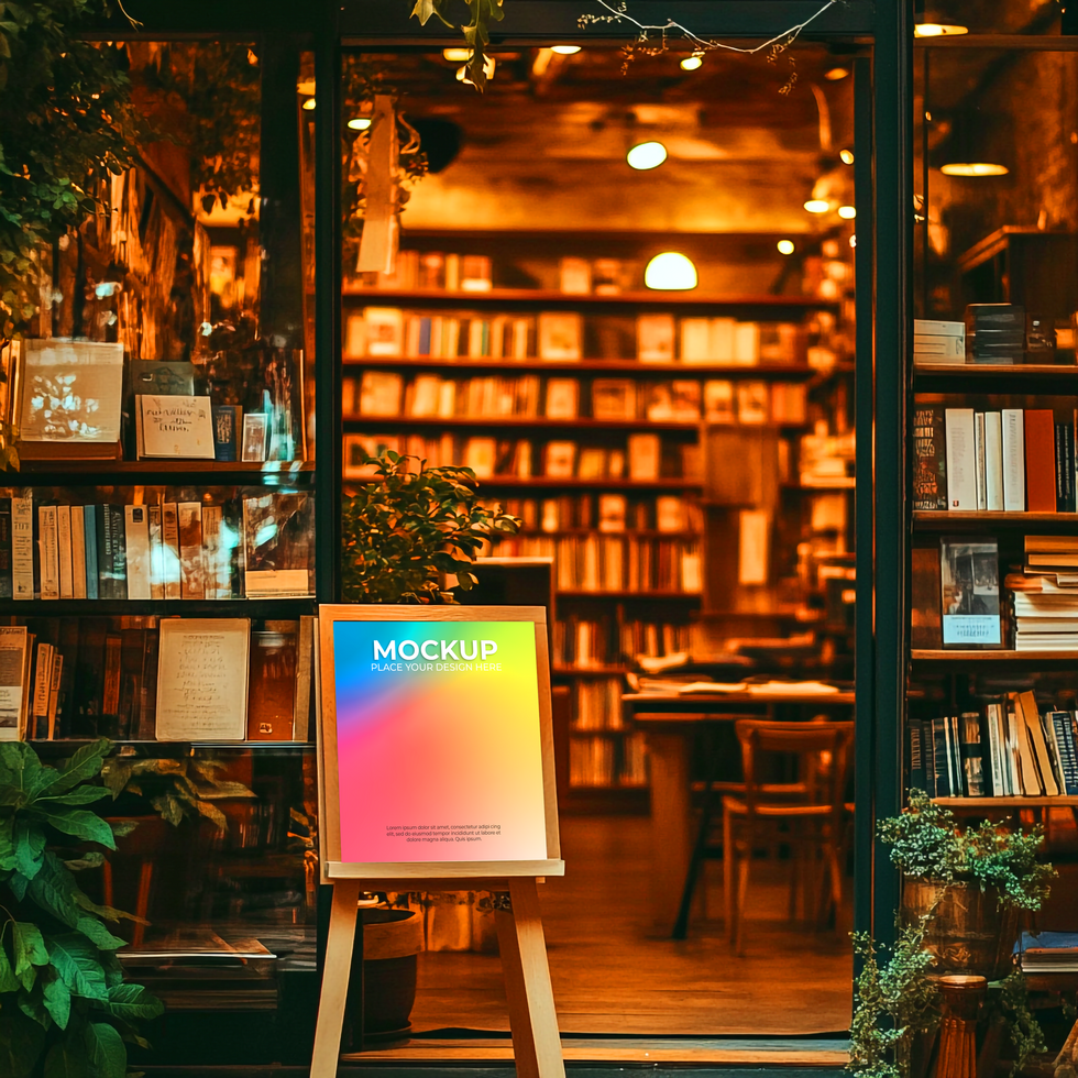 Cozy Bookstore Interior with Warm Lighting Mockup Template psd